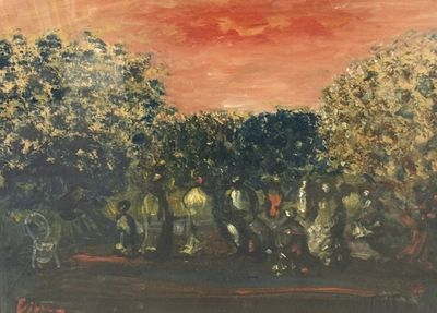 tableau représentant un groupe de personnes debout dans un champ, avec des arbres en arrière-plan