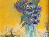 une peinture de fleurs dans un vase vert sur une table