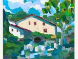 une peinture à l'huile représentant une maison blanche au toit rouge, entourée d'arbres verts