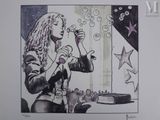 drawing of a woman blowing bubbles in front of a mirror