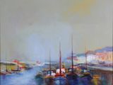 an oil painting of a harbor scene with boats in the water