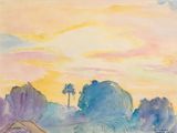 une aquarelle représentant une maison au milieu d'un champ