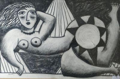 drawing of a woman laying on her stomach with a sun in the background