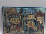 painting of a street scene with a horse drawn carriage in the foreground