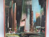 a picture of a painting of a city at night