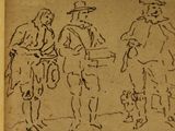 an old drawing of three men standing next to each other