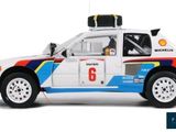 a white car with a blue, red, yellow, and blue stripe on it