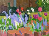 a painting of flowers in pots in a garden