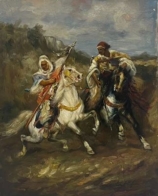 tableau représentant deux hommes à cheval dans un champ, avec le ciel en arrière-plan
