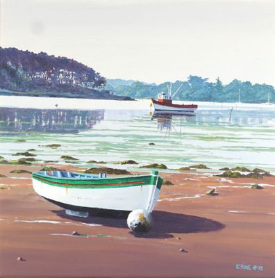 un tableau représentant deux bateaux au bord d'un lac