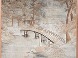 painting of a bridge over a body of water with a boat on it