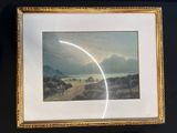 framed picture of a painting of a desert scene with a line of cattle