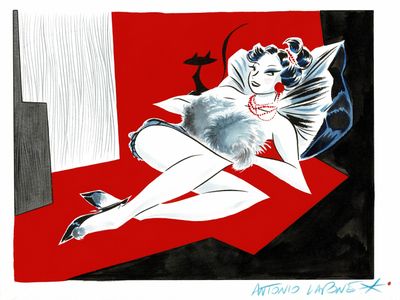 dessin représentant une femme allongée sur un lit dans une chambre rouge