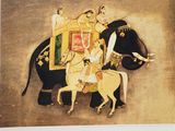 poster of a painting of a man riding an elephant with a woman on it