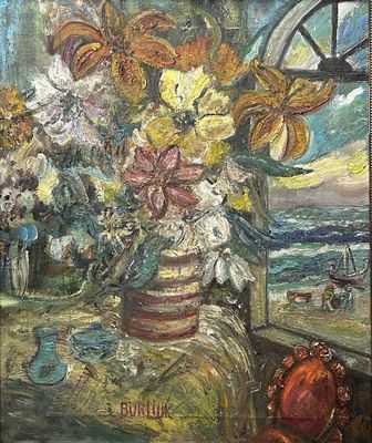 une peinture de fleurs dans un vase sur une table