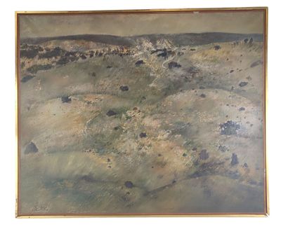 an oil painting of a landscape with a mountain in the background