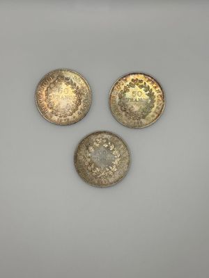 3 pièces de 50 francs en argent ( 1X1976 ; 2X1977 ) Poids : 89,7 g - Photo 1