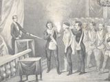 a drawing of a man giving a speech to a group of people