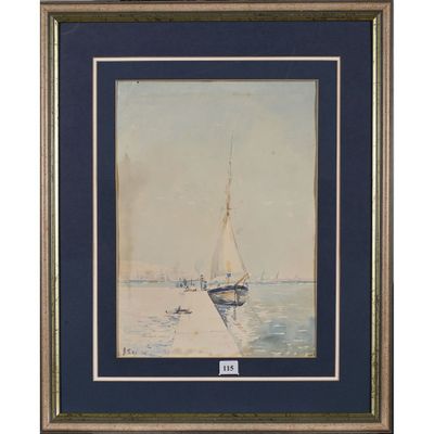 une peinture représentant un voilier sur l'eau, avec le ciel en arrière-plan