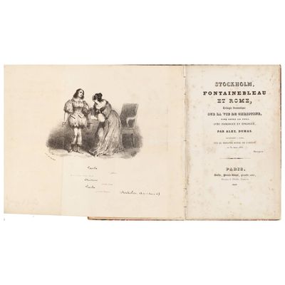 un vieux livre sur lequel figure le dessin d'un homme et d'une femme assis sur un banc