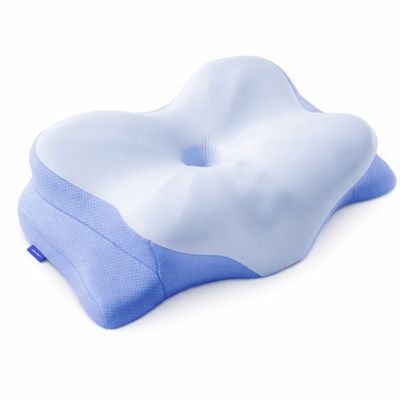 une image représentant un oreiller bleu et blanc sur fond blanc