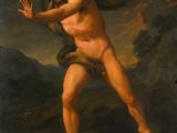 une peinture représentant un homme dans une grotte, les bras tendus