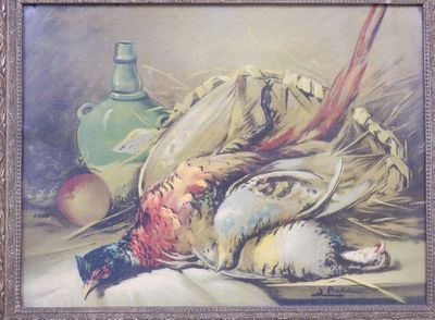 tableau représentant une nature morte avec des faisans, des pommes et une bouteille