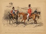 a drawing of three men riding horses in a field