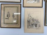 several framed pictures of people and animals on a blue wall