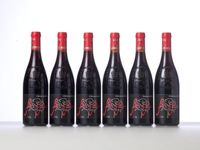 six bottles of red wine lined up in a row