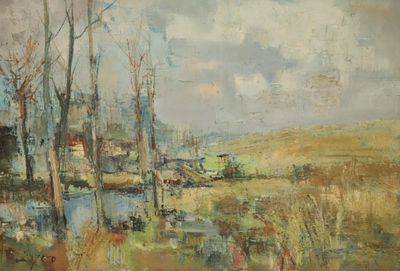 une peinture à l'huile représentant un paysage avec des arbres et une rivière