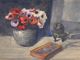 un tableau représentant un vase de fleurs et un livre posés sur une table
