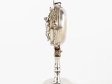 an antique silver cup on a pedestal with a handle