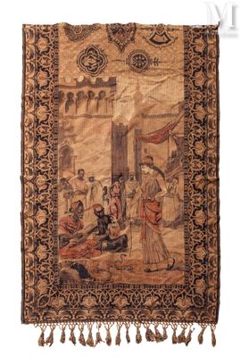 an old tapestry with a painting of a man and a woman on it