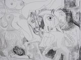 a black and white drawing of a woman and a horse