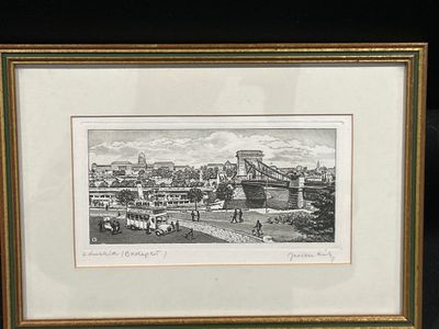 tableau représentant une vue de ville avec un pont et une calèche