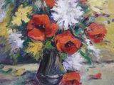 a painting of flowers in a vase on a table