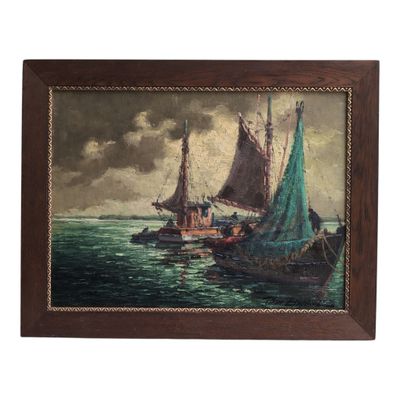 an oil painting of boats in the ocean with a cloudy sky in the background