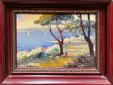 une photo d'un tableau représentant un arbre au bord de l'eau
