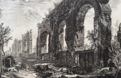 drawing of a ruined building with a man standing in front of it