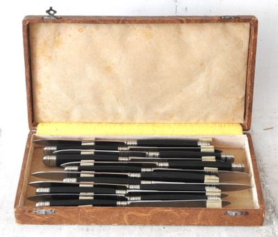 six knives in a wooden case on a white surface