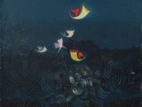 une image représentant un tableau où l'on voit des oiseaux volant au-dessus d'un plan d'eau