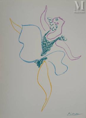 drawing of a woman in a blue dress with a butterfly on her back