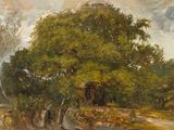 tableau représentant un grand arbre au milieu d'une zone boisée