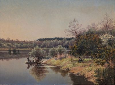 un tableau représentant une rivière sur laquelle navigue un bateau