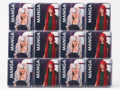 six packs of wigs with red and white wigs on them