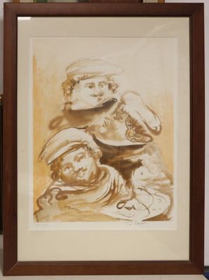 painting of a woman and child with a bowl of water in a wooden frame