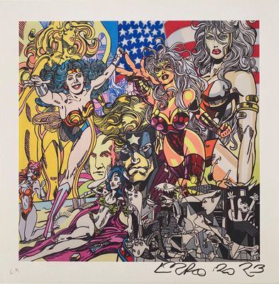 une image représentant un dessin d'un groupe de femmes devant un drapeau américain