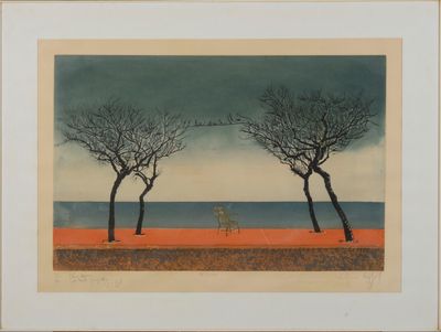 ECOLE FRANCAISE Paysage figurant une chaise au bord de l'eau…