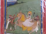 an image of a painting of a man riding a horse with a woman on it
